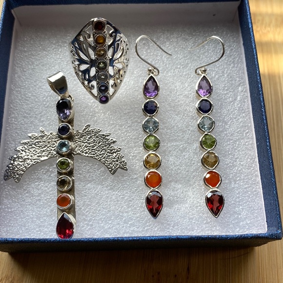 This is a set Ring size 9.75 necklace an earrings. Chakra multi color set